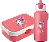 4youDesign Set: pinke Brotdose & Trinkflasche für Kinder -EINHORN- personalisiert mit Namen – inkl. Bento Box, Gabel & Pop-Up Flasche, Einschulung, Schule (Pink)