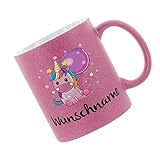 Crealuxe Glitzertasse Pink 'Einhorntasse (Wunschname)' personalisiert, Kaffeetasse, Bürotasse