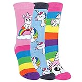 3er Pack Damen Einhorn Socken mit Bunt Regenbogen Streifen | Baumwolle Reich Witzig Socken | SOCK SNOB (Einhorn, 37-40)